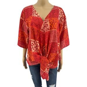 Sucrefas (S) Orange Floral Oversized Boho Beach  Short Sleeve Top Blouse